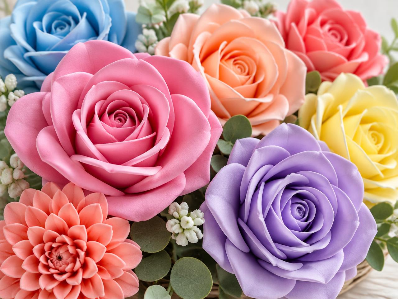 Close-up of colourful artificial foam flower heads