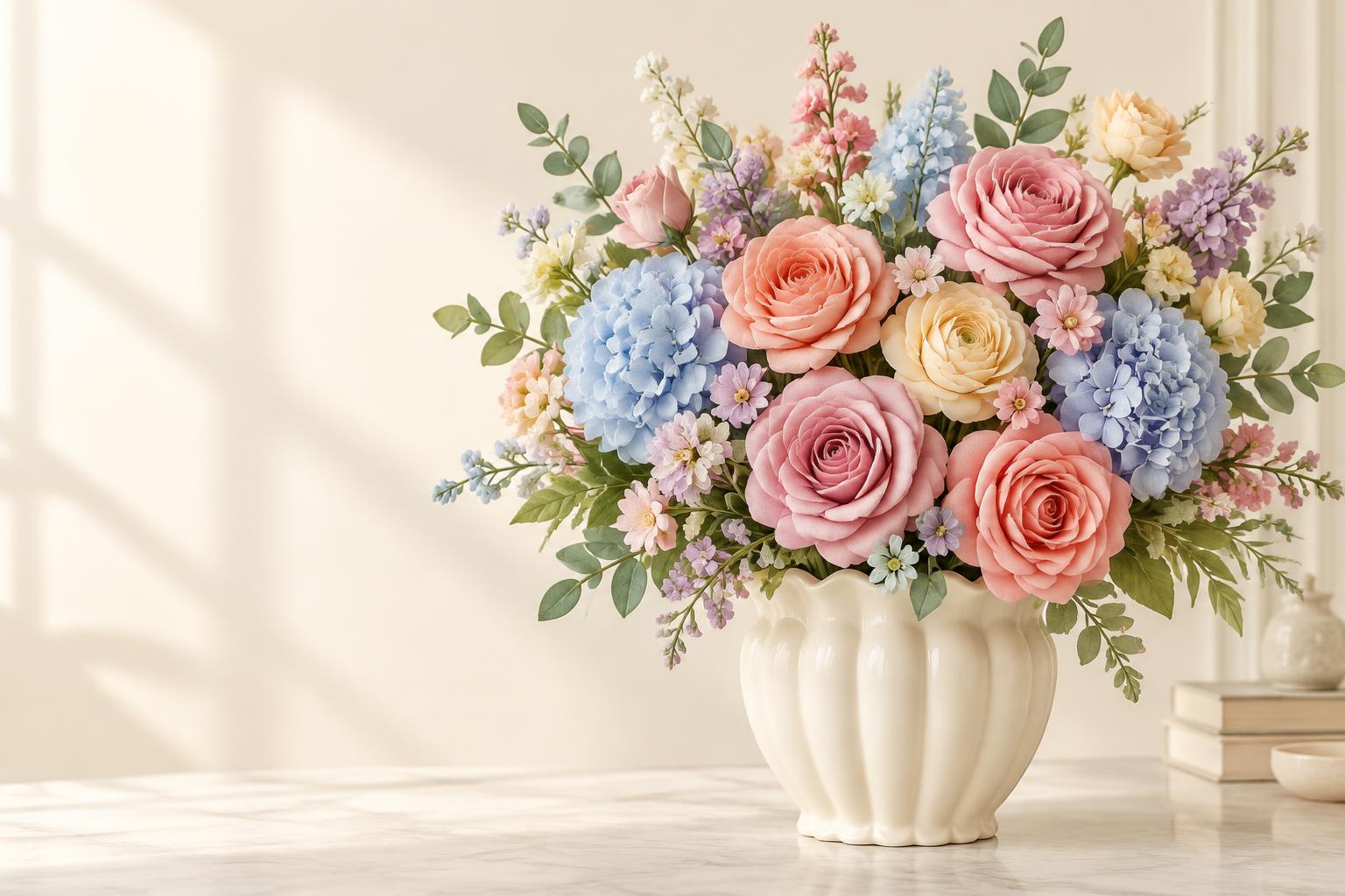 Colourful artificial foam flower arrangement in a cream vase
