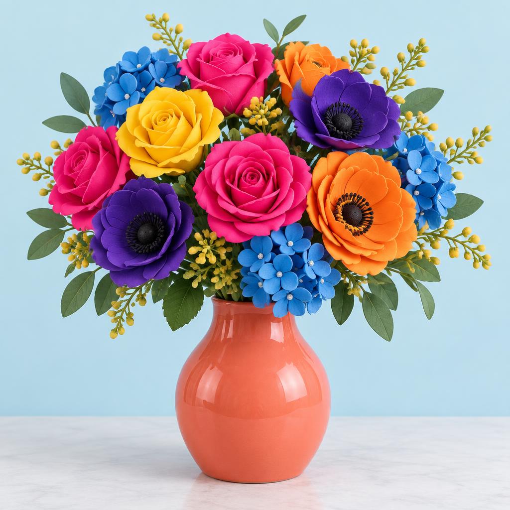 Bright multicolour artificial foam flowers in a coral vase