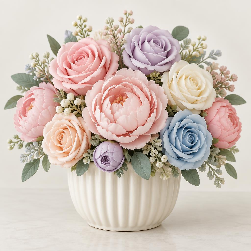 Pastel artificial foam flower arrangement in an ivory vase