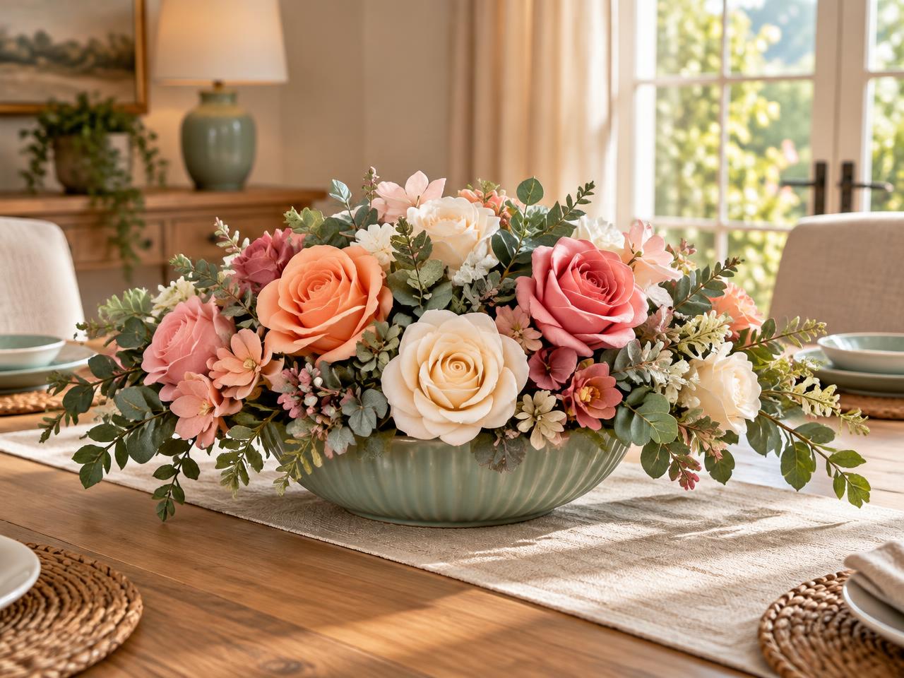Low artificial flower table arrangement in a mint bowl